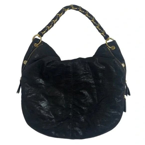 A/X Armani Exchange Shimmery Black Expandable Hobo Bag w Decorative Grommets - Picture 4 of 5